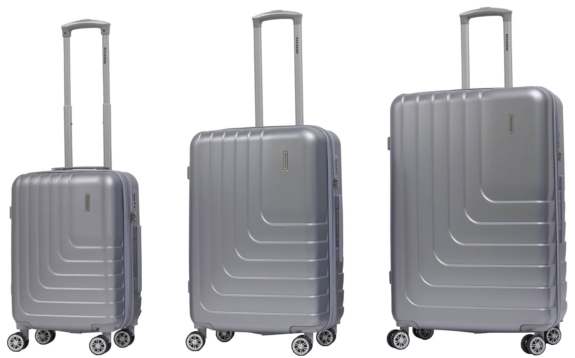 Set 3 Valigie Trolley Rigide in ABS 4 Ruote TSA Ravizzoni Titanio Silver
