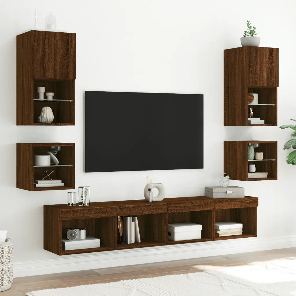 Mobile TV a Parete | Armadietto TV | Mobile Porta TV con Luci LED Rovere Marrone 30x28,5x30 cm