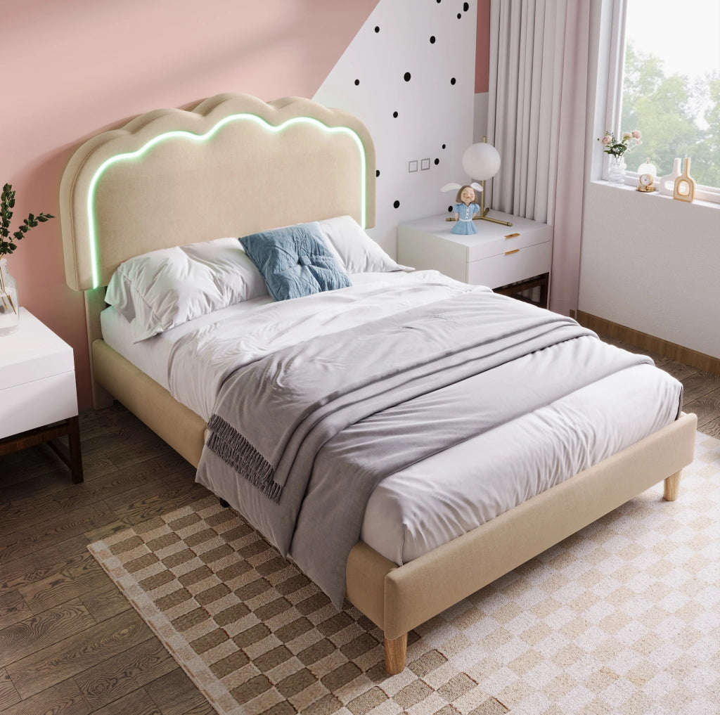 Letto imbottito singolo LED con testiera regolabile 90x190 cm in lino beige