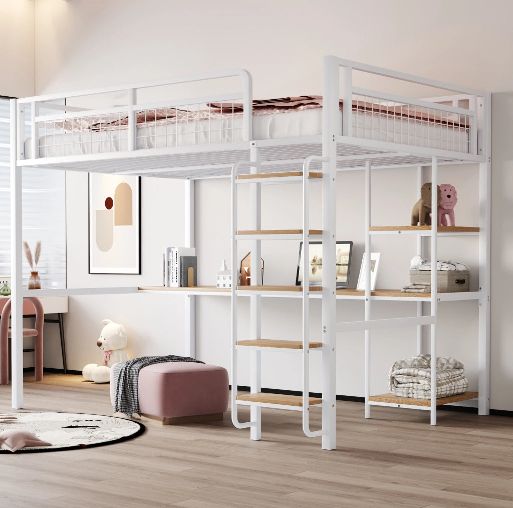 Letto a soppalco in metallo 140x200 cm bianco con scrivania e scaffali