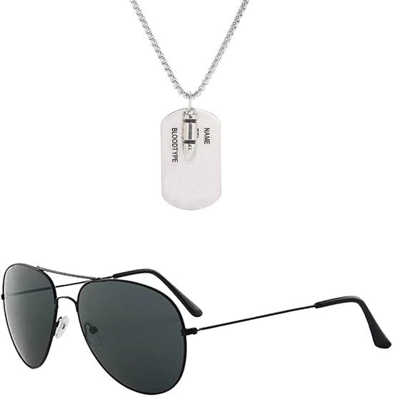 Costume di volo 2 pezzi - Set di accessori - Occhiali da sole neri - Placca argentata - Collana con badge di identificazione - Per donne/uomini - Ideale per carnevale/Halloween - Costume di volo