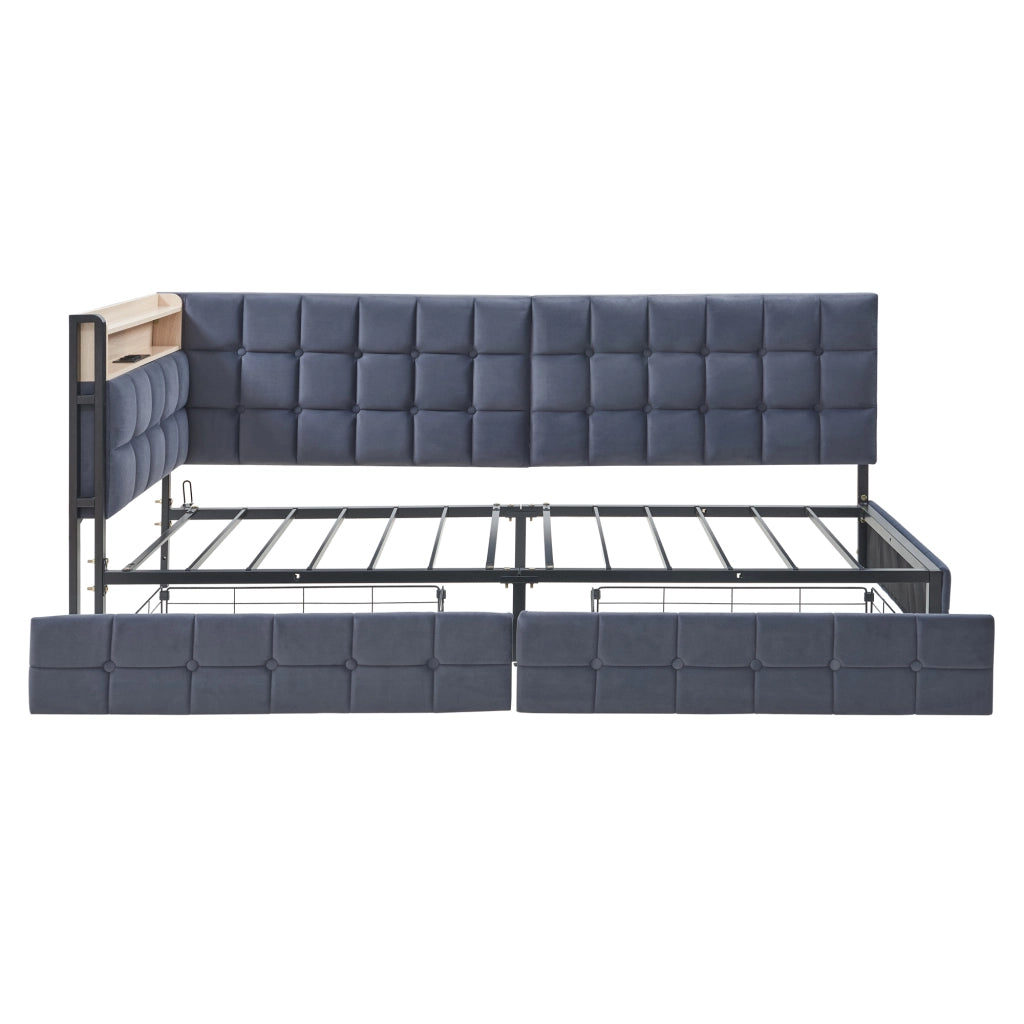 Divano letto imbottito 90 x 200 cm grigio con 2 cassetti; LED; USB e Tipo C