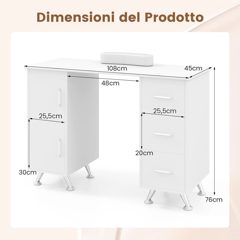 COSTWAY Tavolo per Manicure, Tavolo per Unghie con Cassetti, Cuscino Poggia Polsi e Gambe in Metallo, Stazione per Unghie Estetista Nail Art per Salone di Bellezza (Bianco)
