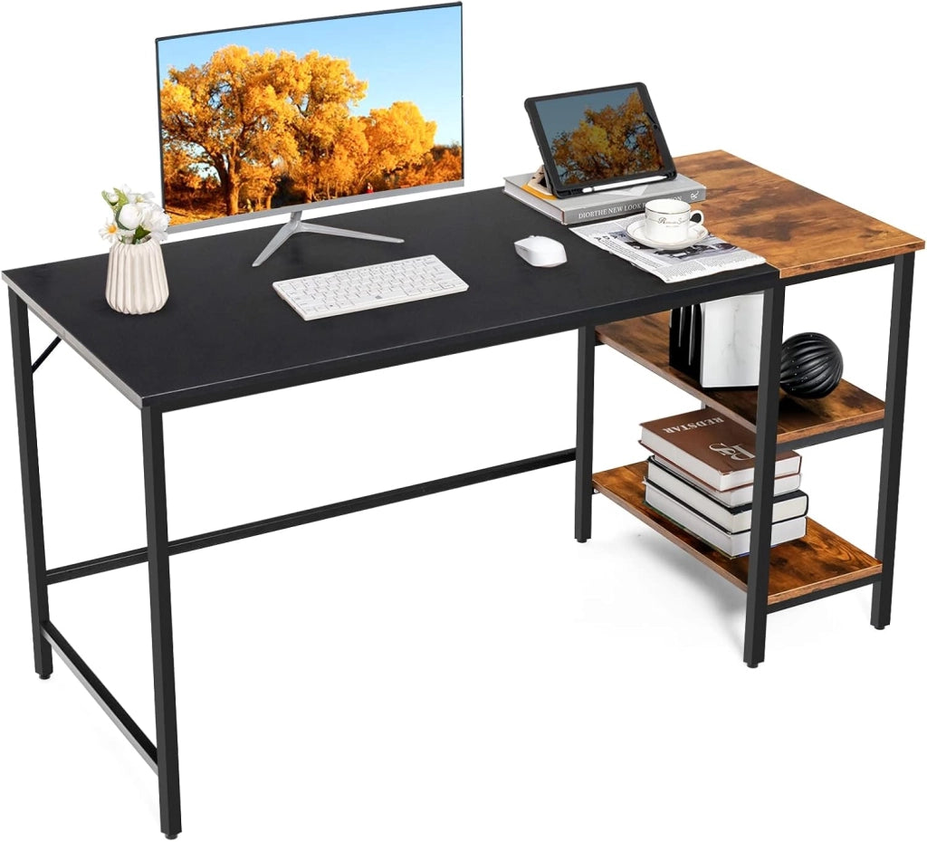 Scrivania per Computer da 140 cm, Scrivania per PC Portatile con Ripiani, Telaio in Acciaio e Ampio Piano, Scrivania Industriale per Ufficio e Studio, 140 x 60 x 74 cm (Nero)