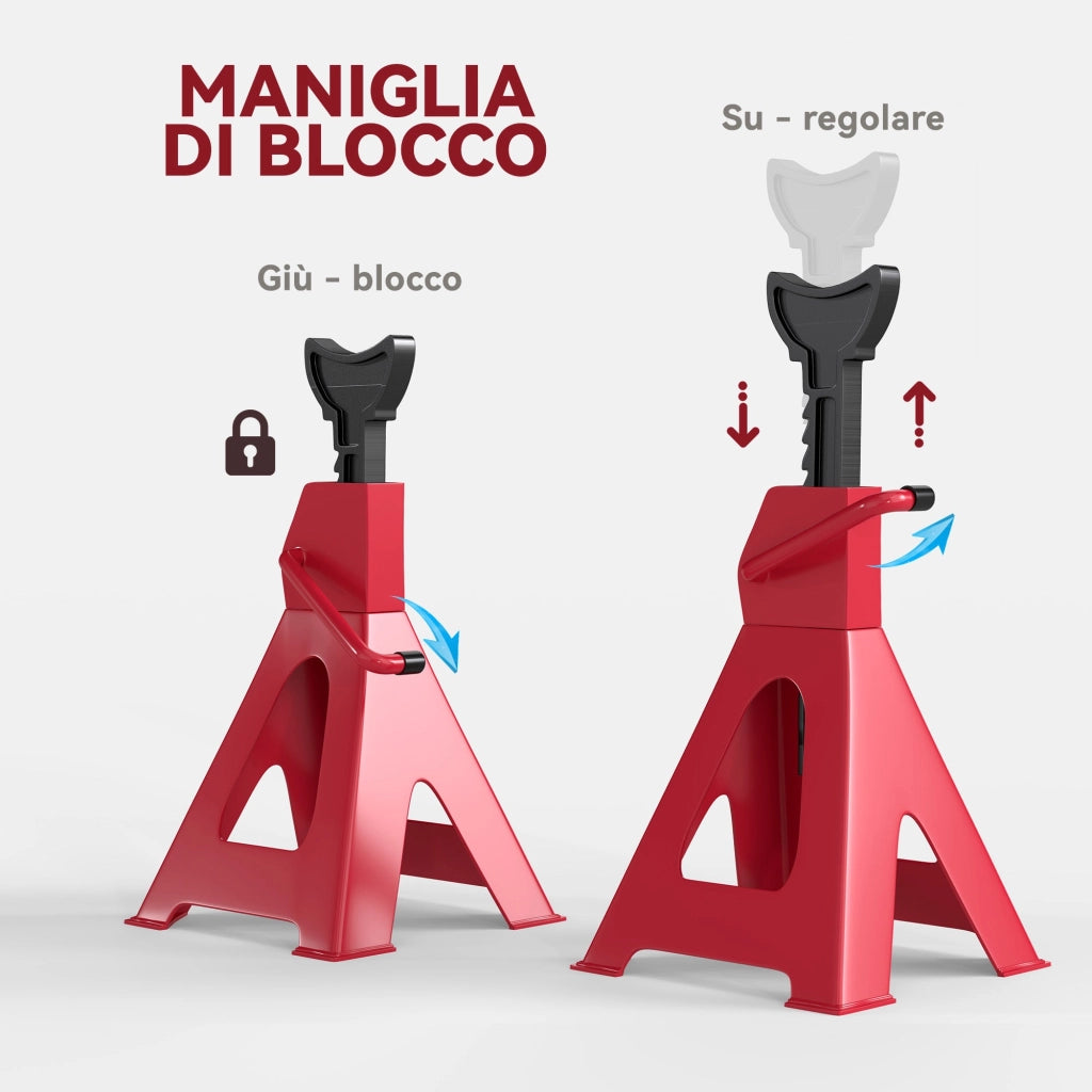 Set 2 Cavalletti Auto 3 Tonnellate di Capacità Altezza 29-42,5 cm Acciaio al Carbonio e Ghisa Rosso