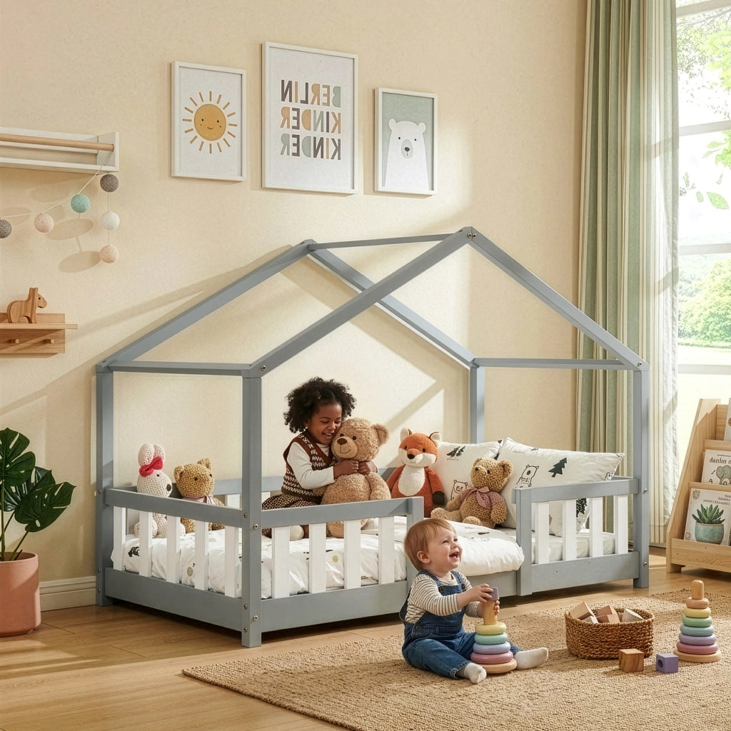 Letto per Cameretta Treviolo a Forma di Casetta in Stile Montessori con Materasso 80x160 cm - Grigio Chiaro/Bianco [en.casa]