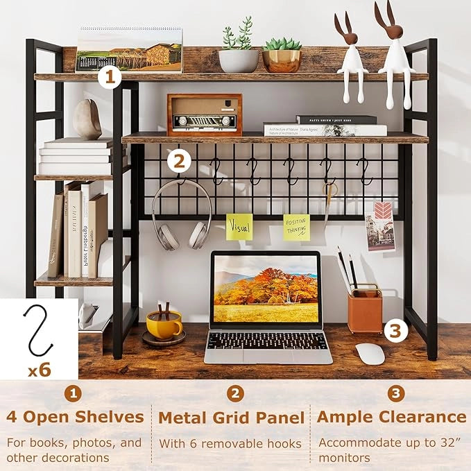 Mensola da Scrivania, Scaffale Espositivo a 4 Ripiani con Pannello a Griglia Metallica e 6 Ganci, Organizzatore da Scrivania per Computer, per Ufficio Casa Dormitorio, 94x25x73,5 cm (Marrone)