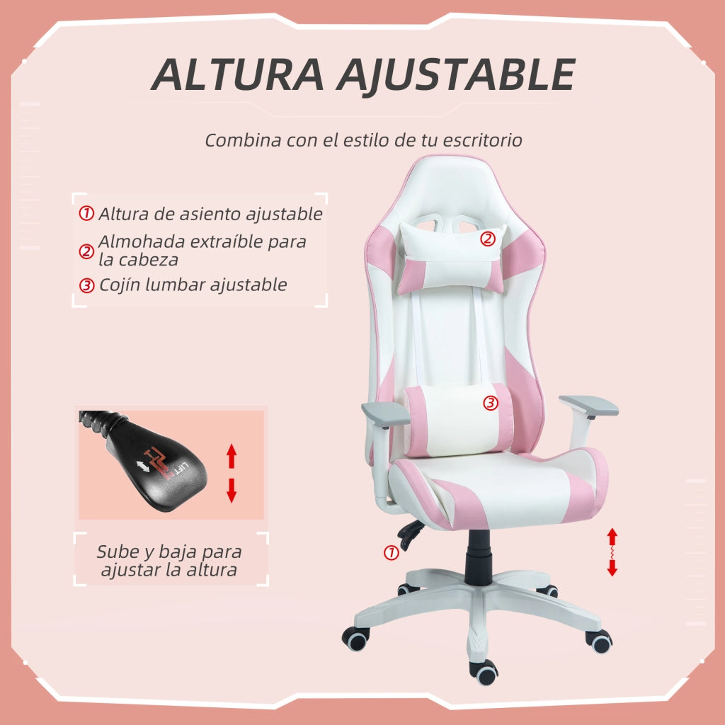 Sedia Gamer con Braccioli e Schienale Regolabile ¨C Zephmum ¨C Rosa 67x60x120-128 cm