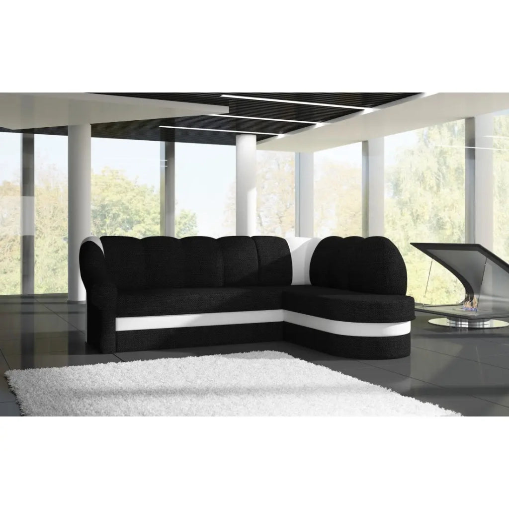 Divano angolare destro convertibile BENANA 250 cm nero e bianco con vano contenitore