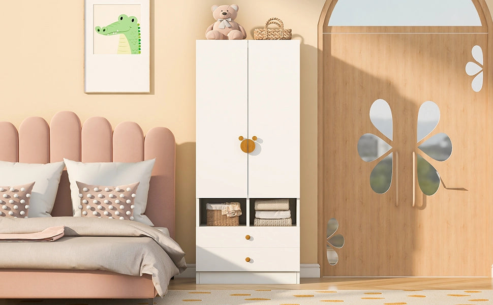 Scaffale a doppia porta con due cassetti e piccoli scomparti in MDF bianco per camera da letto 70 × 50 × 170 cm