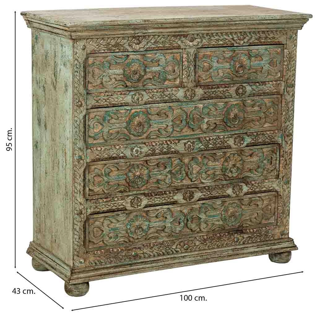 Cómoda de madera artesanal con 5 cajones azul 100x43x95h cm