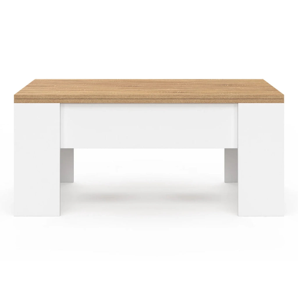 IDMarket - Tavolino rettangolare con piano sollevabile, trasformabile in tavolo da pranzo TARA, in legno bianco e faggio finto