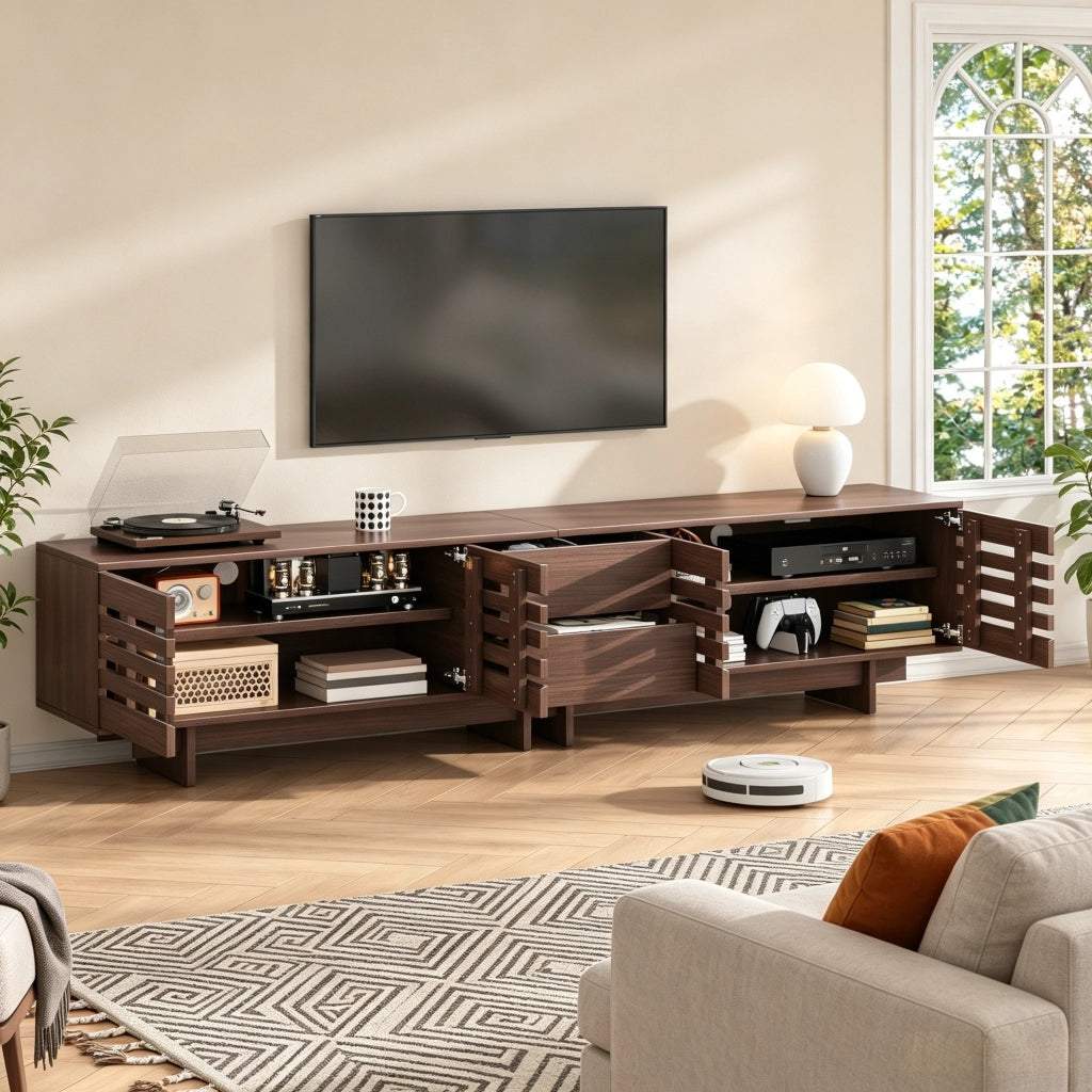 Mobile TV, 4 ante e 2 cassetti, adatto a televisori fino a 80 pollici, 200 x 39.5 x 55 cm, color noce