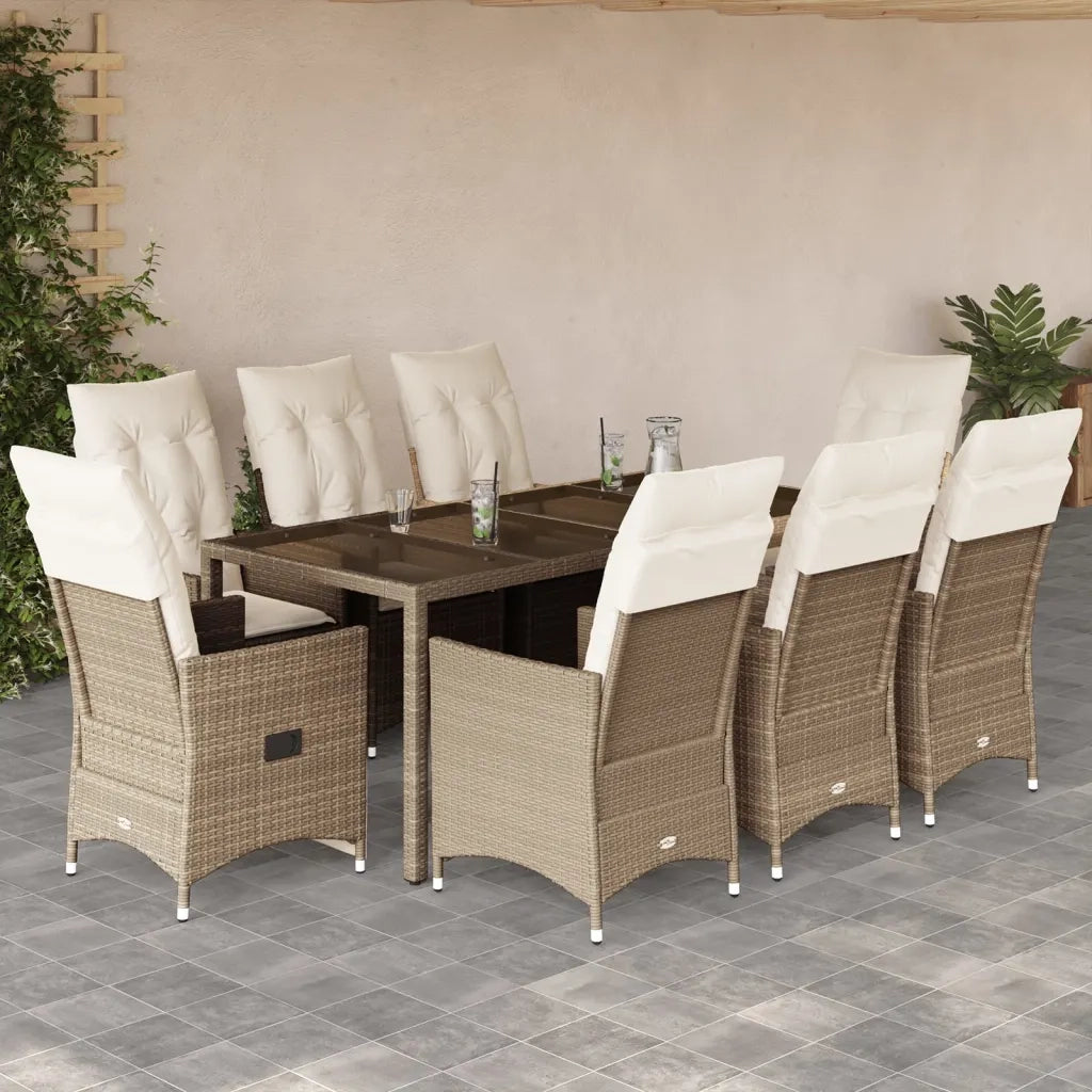 Set da Pranzo da Giardino 9 pz con Cuscini Beige in Polyrattan