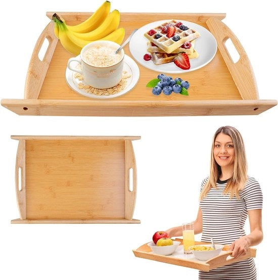 Dienblad in legno - Scodella di servizio in bambù con maniglie - Piatto da cucina rettangolare - Servizio da tè e colazione - Tavola da salotto decorativa per colazione e tè - Dimensioni 44 x 30 x 3 cm