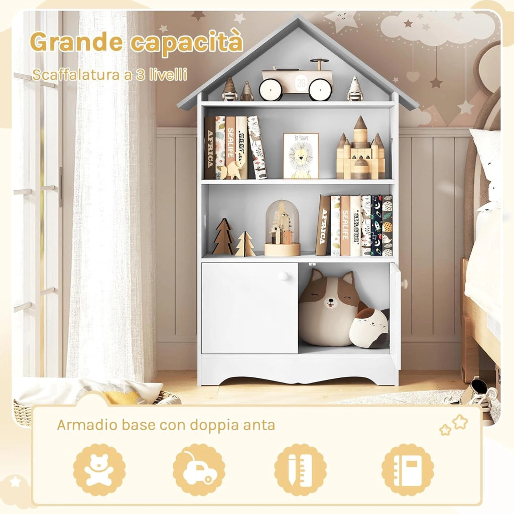 Libreria in Legno per Bambini, Scaffale a Forma di Casa, Porta Giochi Organizzatore per Cameretta, con Ante Bianco + Tetto Grigio 62x27,2x115cm