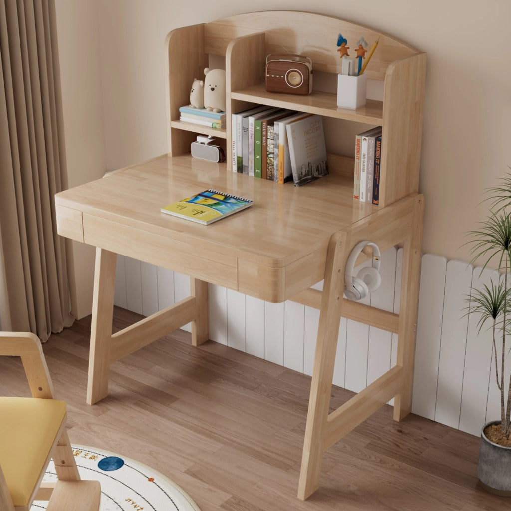 Scrivania per bambini 60x88.2x118 cm regolabile in altezza con cassetto e vano contenitore in legno naturale