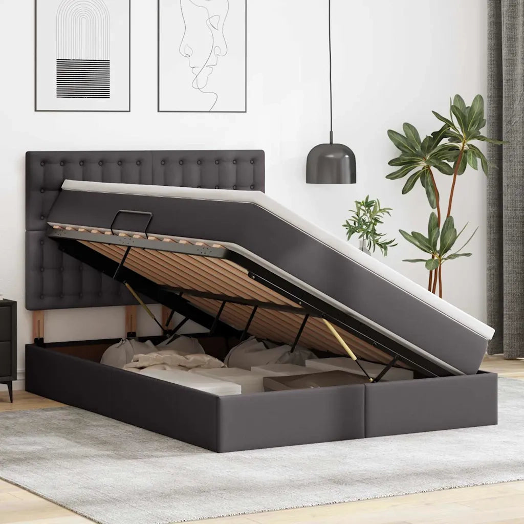 Letto con contenitore e LED Grigio 140 x 200 cm Pelle Sintetica