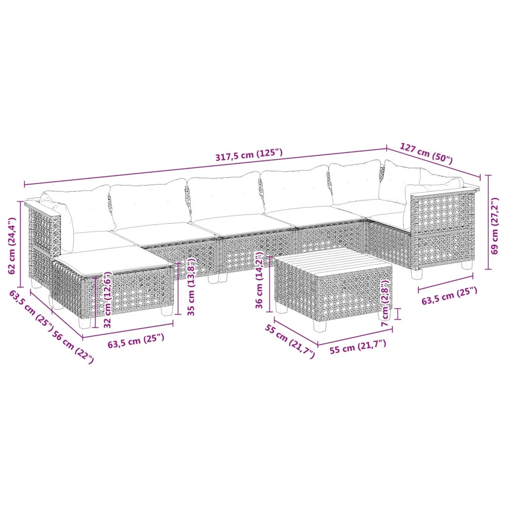 Set Divani da Giardino con Cuscini 8 pz Nero in Polyrattan 3261932