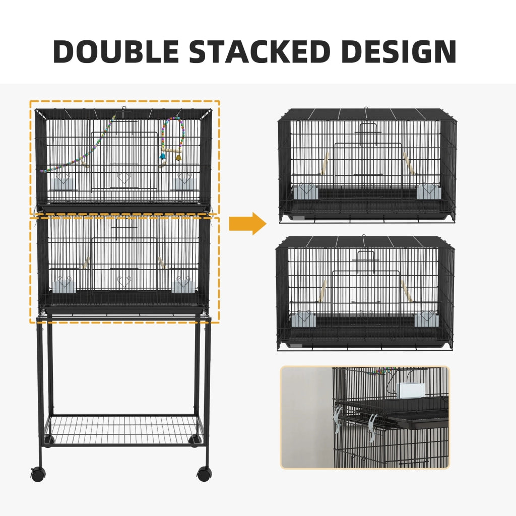 Doppia Voliera 2 Gabbie per Uccelli Impilati 77x46x164 cm in Acciaio con Ruote Nero