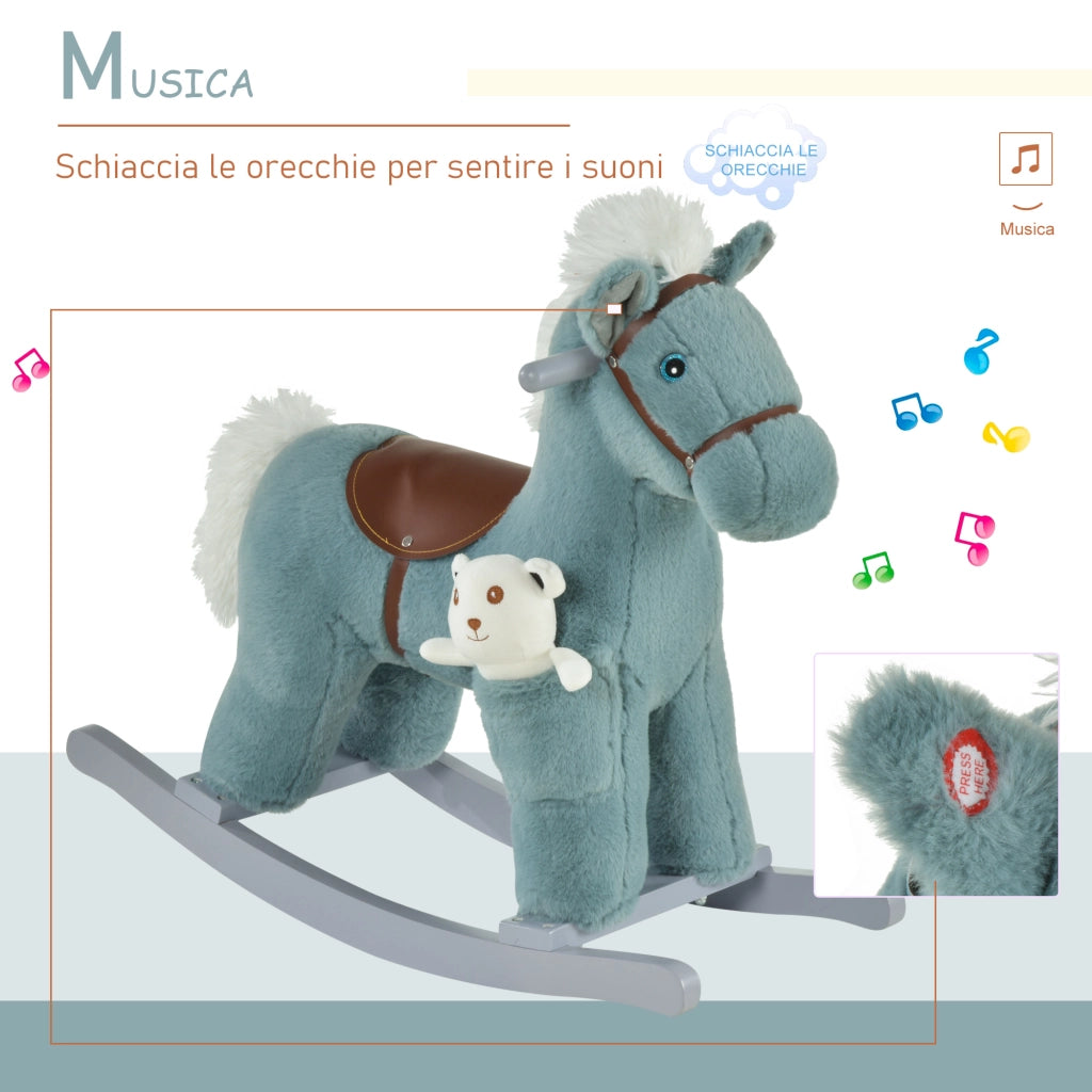 EasyComfort Cavallo a Dondolo per Bambini in Peluche e Legno con Suoni e Orsetto Incluso, per Bimbi da 18-36 Mesi, 65x26x55cm, Blu