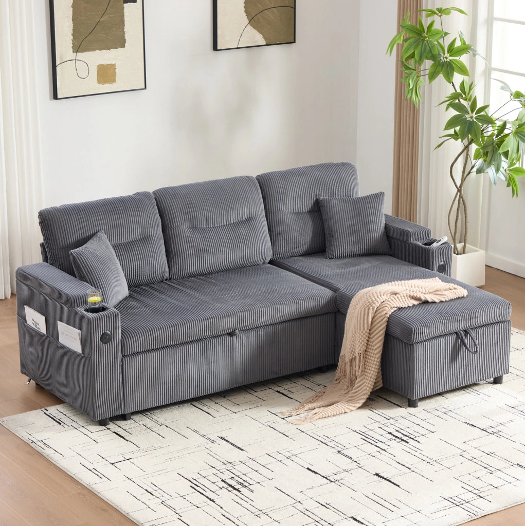 Divano letto 212.5x136x86 cm con penisola idraulica; letto estraibile in corduroy grigio carbone