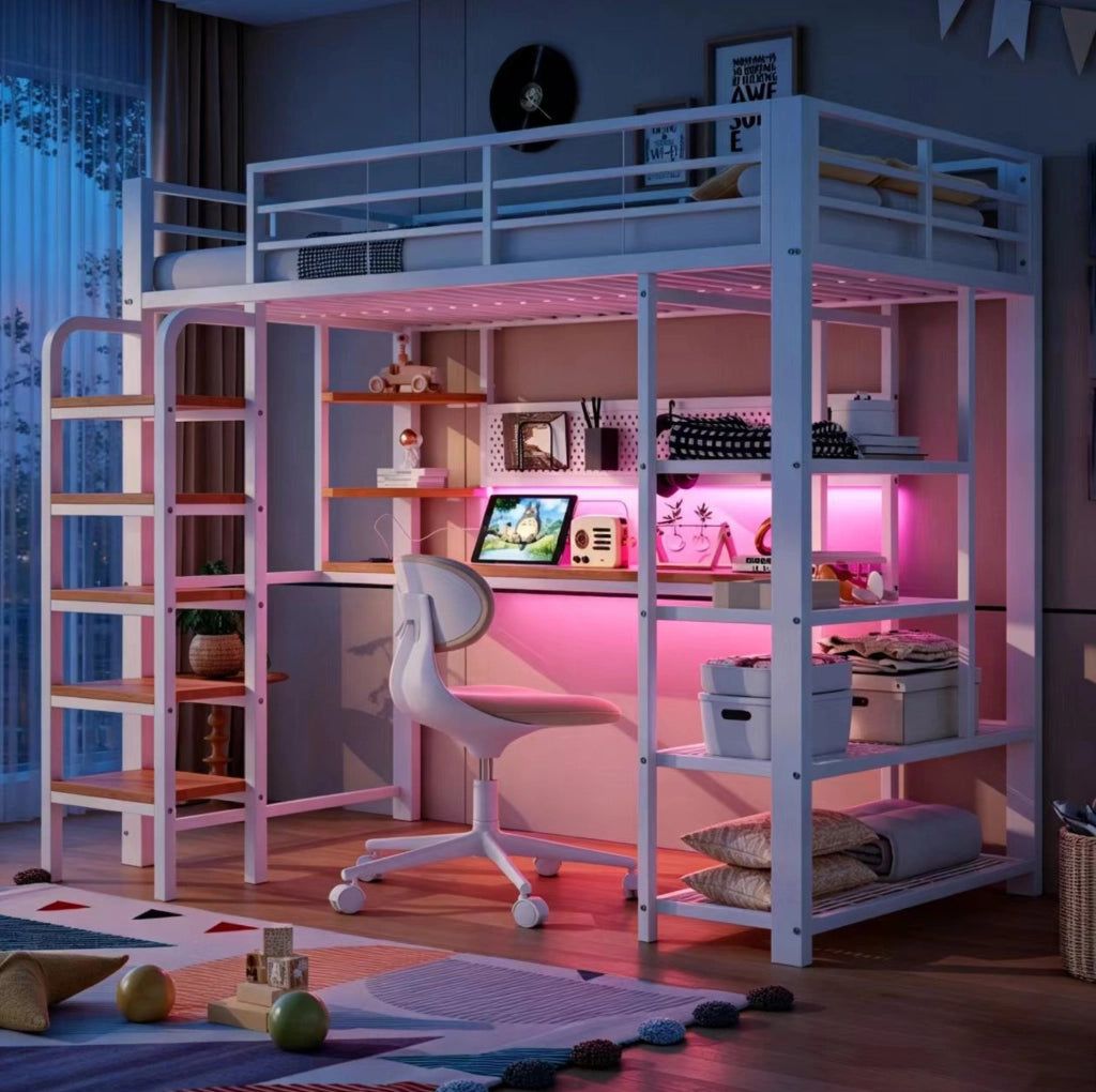Letto a soppalco multifunzione 90x200 cm; LED multicolore; scrivania e prese integrate; bianco