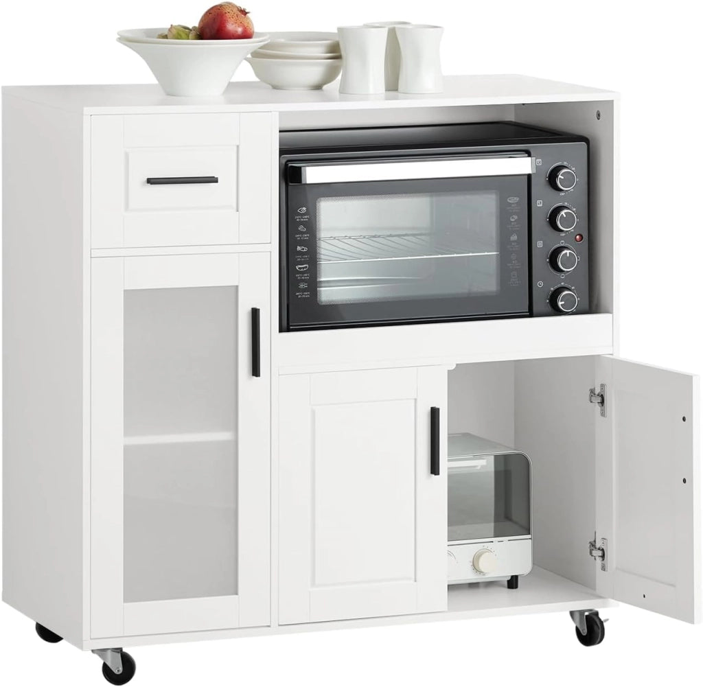 Carrello da Cucina, Isola Cucina con Ruote, Mobili da Cucina, Supporto per Microonde, Carrello Mobile per Sala da Pranzo e Ufficio 88,5 x 40 x 89 cm Bianco FSB78-W