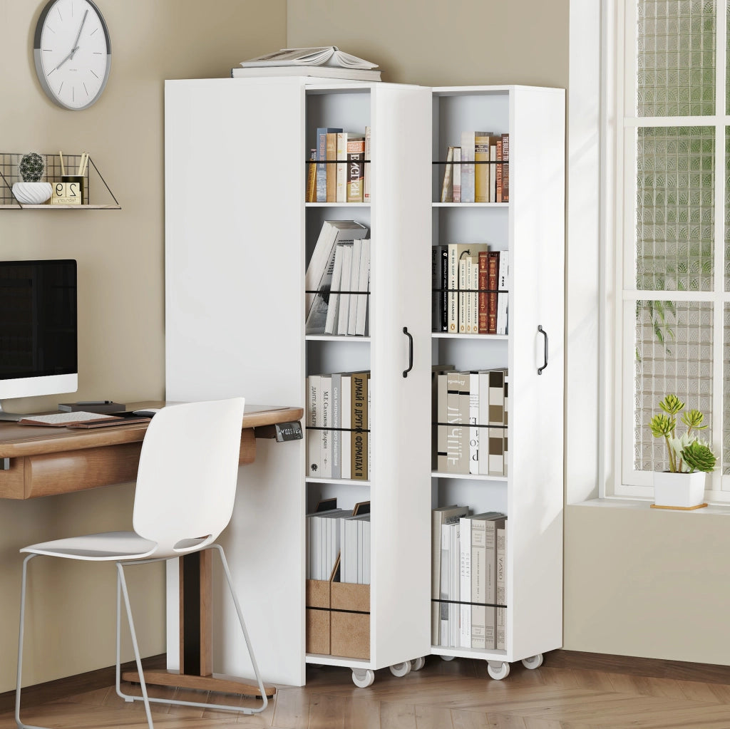 Libreria estraibile su ruote a 4 ripiani; MDF bianco; 51;5 x 41 x 158 cm