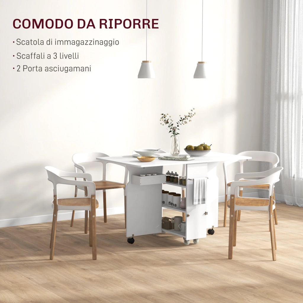 Tavolo a Ribalta Pieghevole con Ripiani a 3 Livelli Box e Rotelle 130x80x76,5 cm in MDF Bianco