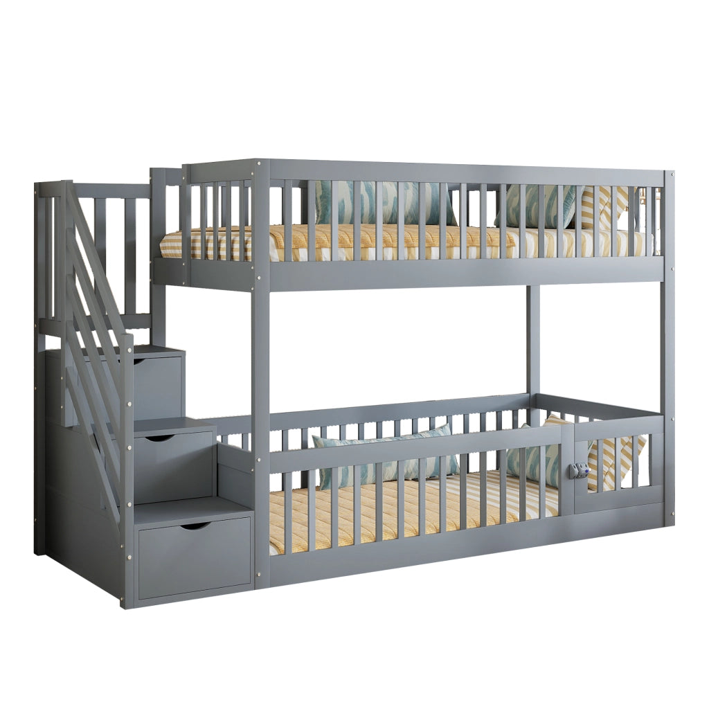 Letto a castello per bambini 90x200 - Zephmum - Grigio con scala di sicurezza e cassetti