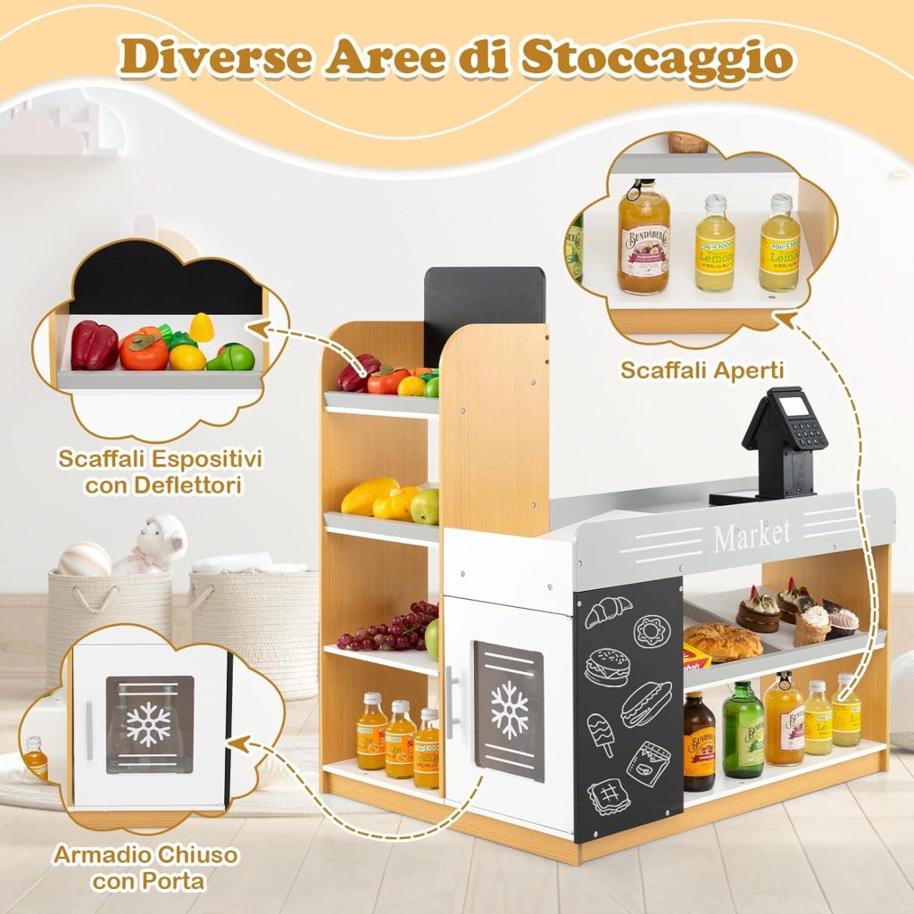 Set da Gioco da Supermercato, Banco di Mercato per Bambini in Legno con Carrello della Spesa, 2 Lavagne e Registratore di Cassa, Scaffali Espositivi, per Bambini 3+ Anni