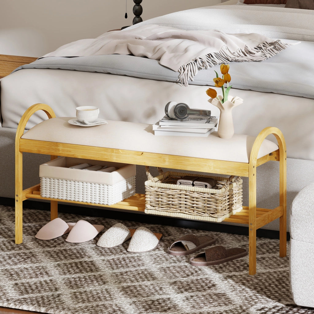 Panca per scarpe in bambù con coperchio ribalta scomparto nascosto-Panca da ingresso con seduta maniglie soggiorno Beige