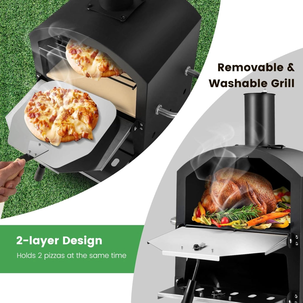 Forno per pizza aperto per esterni, 2 sezioni, 600°C, Forno in Legno portatile in Acciaio inossidabile, Mini Forno con Pizza, Spatola per Pizza, Griglia Coperchio impermeabile