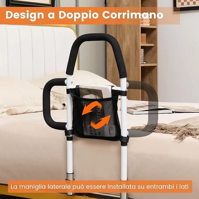 Sponda Letto per Anziani, Sponda Letto Anticaduta per Anziani con Doppia Impugnatura, Tasca Staccabile e Cinghia di Fissaggio, Sponda per Letto Singolo Matrimoniale, Capacità di Carico 136 kg