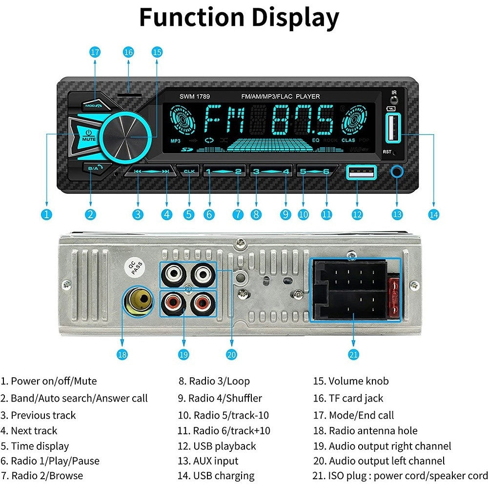 Trade Shop - Autoradio Bluetooth 5.1 Vivavoce 1 Din Aux Mp3 2 Usb Am Fm Display Lcd 1801 24v -