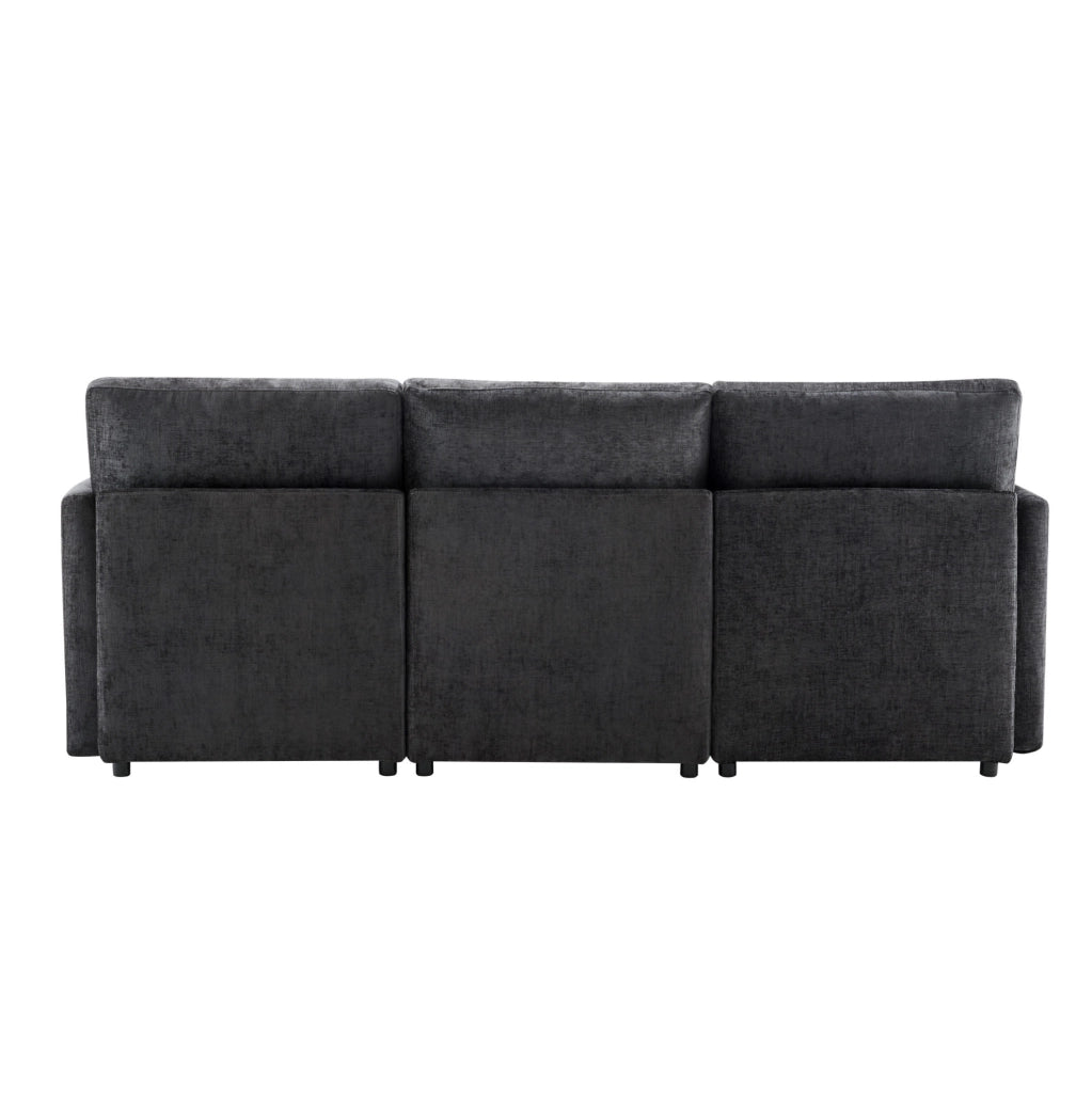 Divano modulare angolare 3-4 posti in chenille grigio con pouf mobile; 216 x 161 x 81 cm