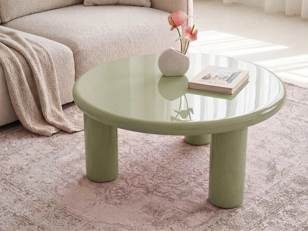Tavolino da caffè verde oliva in MDF con finitura lucida piano rotondo liscio diametro 80 cm design scandinavo moderno per soggiorno