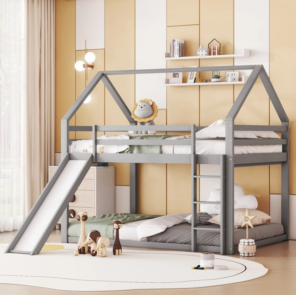 Letto a castello per bambini a forma di casetta con scivolo e scala; 2x 140x200 cm; grigio