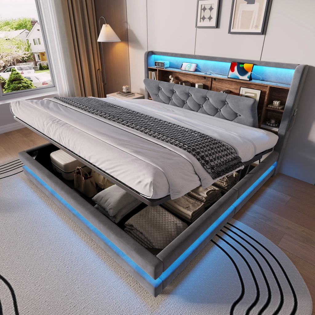 LETTO Contenitore 160x200 cm in velluto grigio scuro con testiera multifunzione
