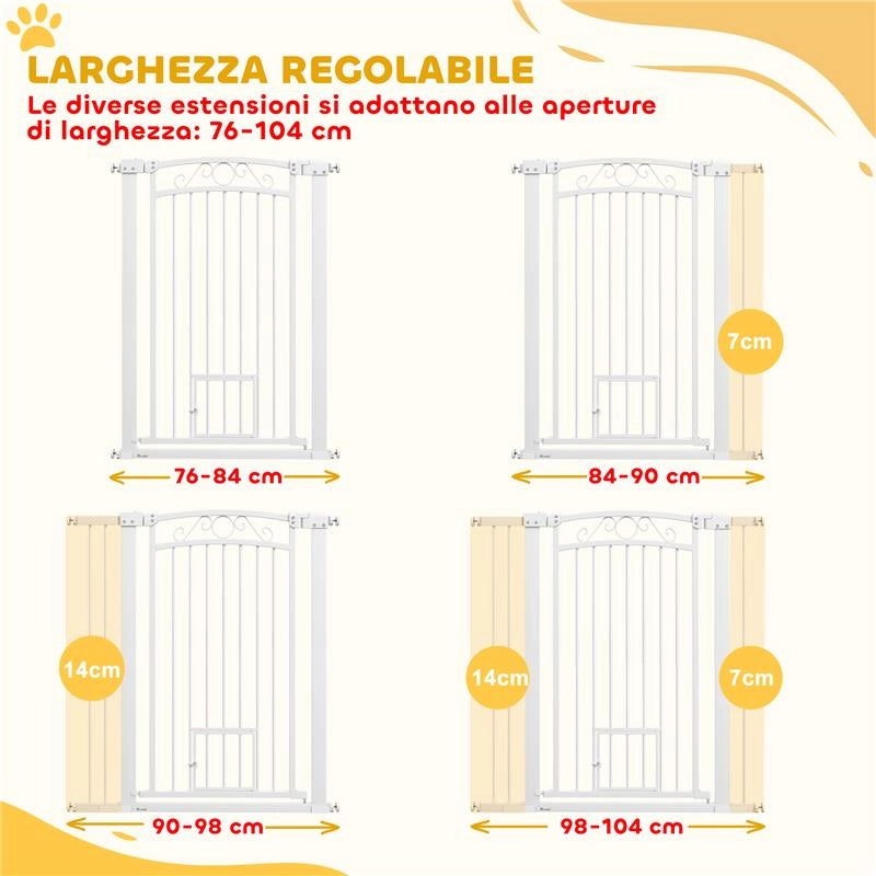 CANCELLINO PER CANI REGOLABILE CON ESTENSIONI E PORTA PER GATTI 76-104X106 CM BIANCO