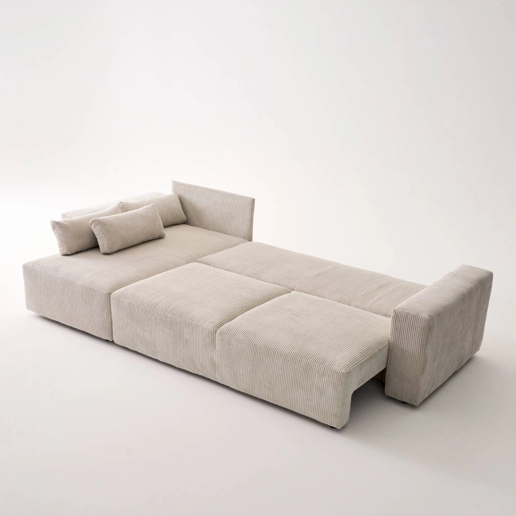 Divano letto angolare reversibile con contenitore in velluto a coste,
