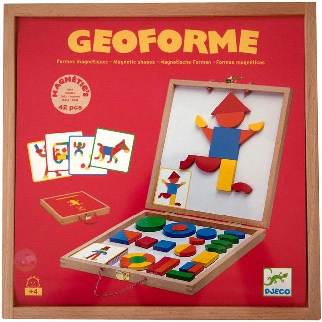Gioco magnetico Magnetic`s Geoforme, scatola in legno con 24 disegni e  42 pezzi magnetici,Djeco,Eta 4+