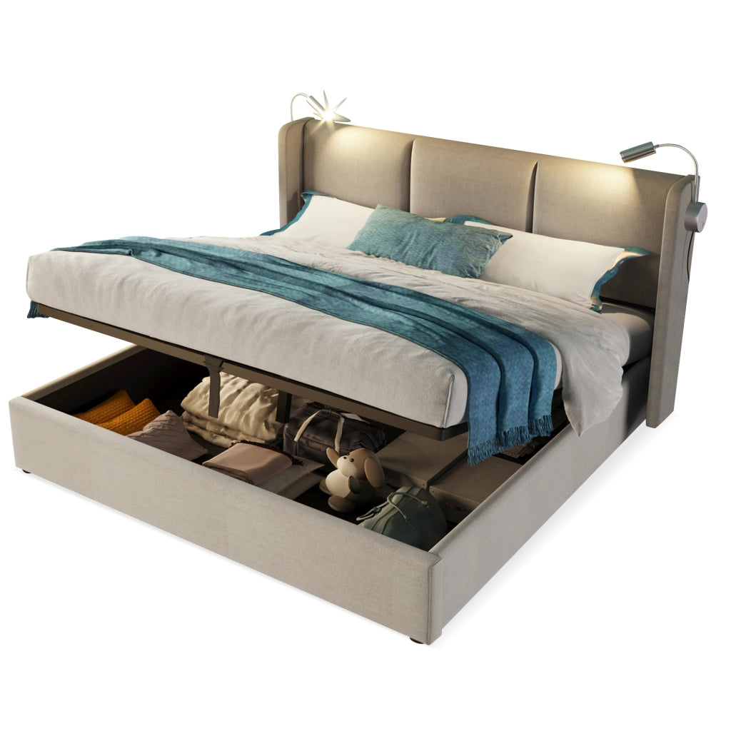OKWISH Letto contenitore 160×200 cm, Letto Matrimoniale con Lampada da Lettura, USB e Tipo C, senza Materasso, in Lino, Beige