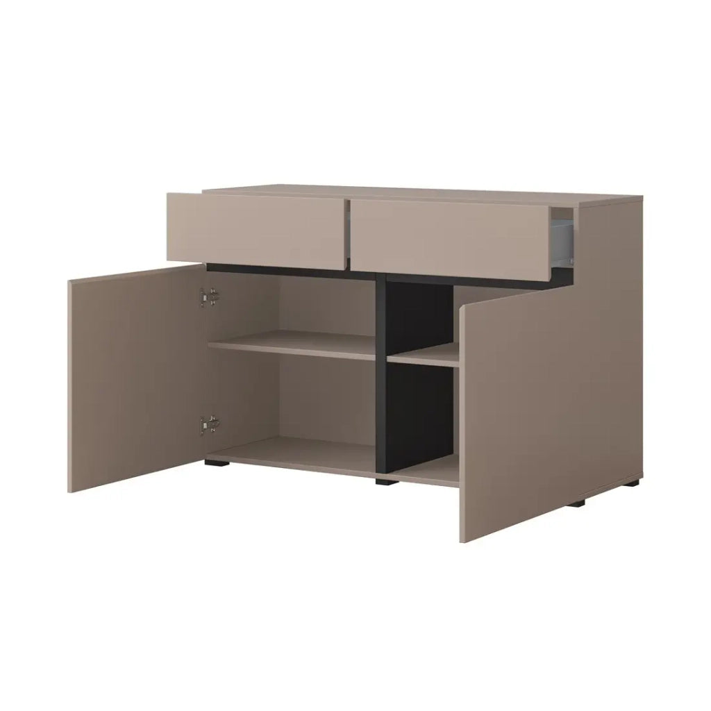 Buffet 120cm colori beige e nero collezione HAVANA. Credenza di design con 2 porte e 2 cassetti.