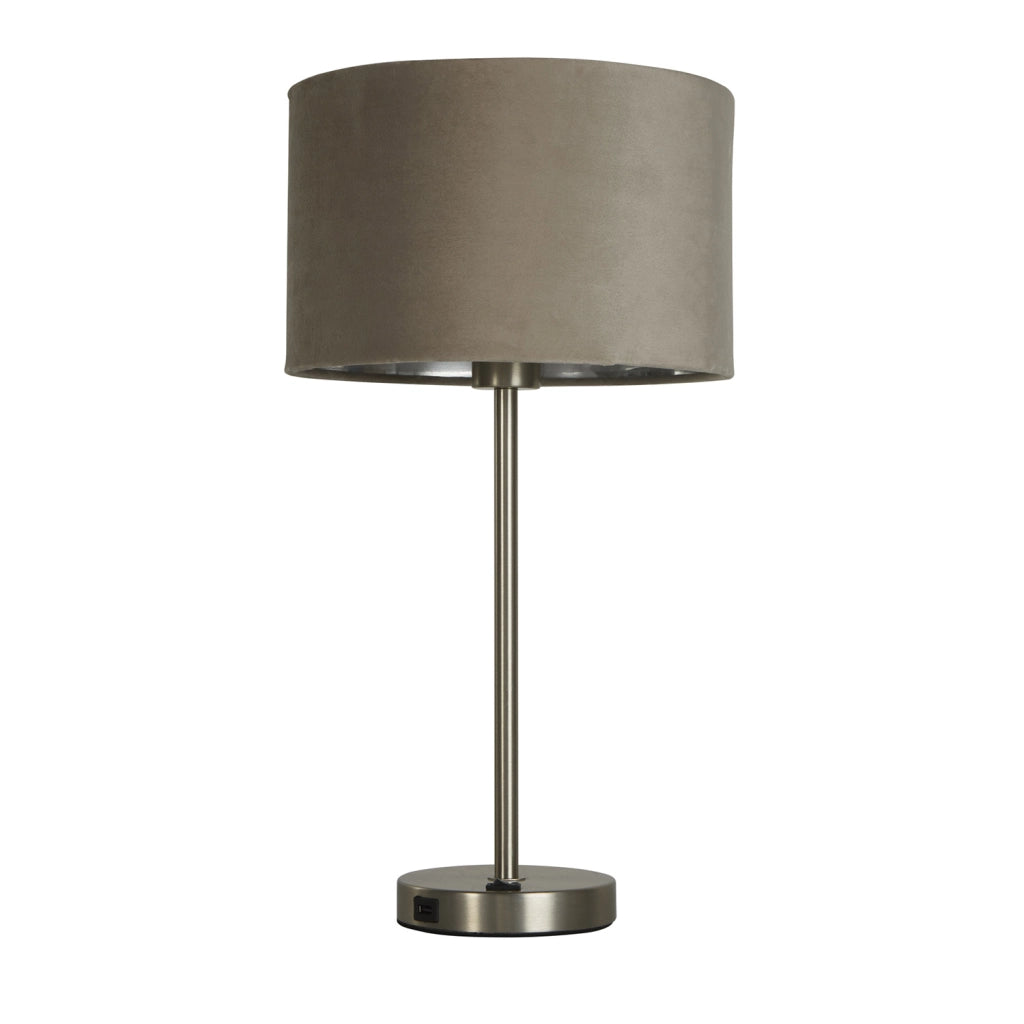 Lampada da tavolo USB Finn - Metallo nichel satinato e paralume in velluto tortora