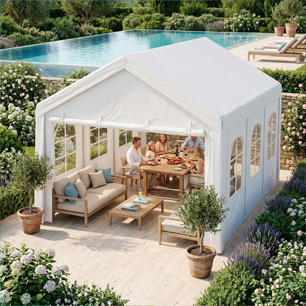 Gazebo Per Giardino Con Struttura In Pannelli Laterali Modulabili E Finestre Trasparenti Ideale Per Eventi Feste Catering Spazi Outdoor Elegante Impermeabile 6 x 4 x 3.15 Metri Bianco