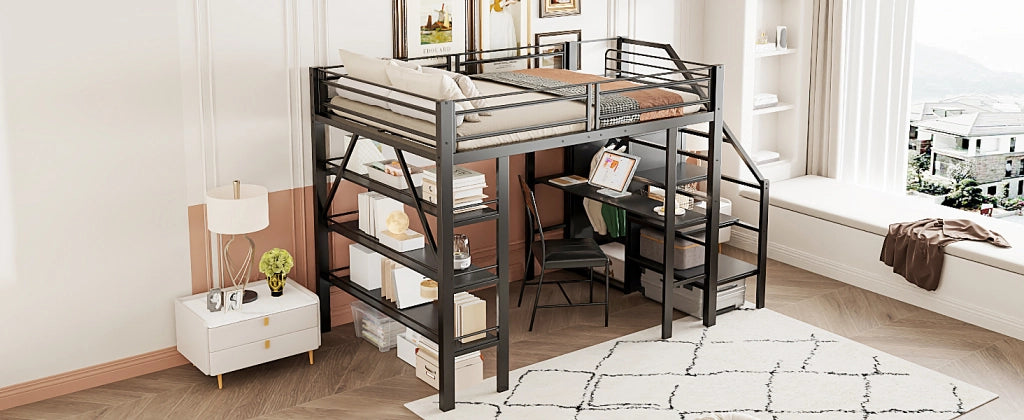 DESMIU Letto a Soppalco 2 Posti con Scrivania, Armadio, 3 Ripiani e Scala Contenitore 140 × 200 cm Senza Materasso