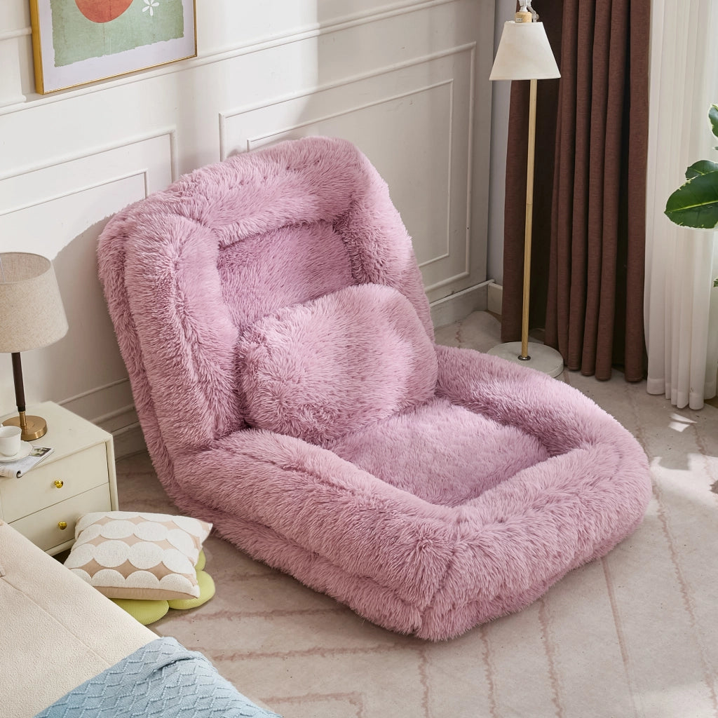Poltrona Convertibile 1 Posto con Schienale Reclinabile a 5 Posizioni e Cuscino, in Tessuto Peluche, Rosa