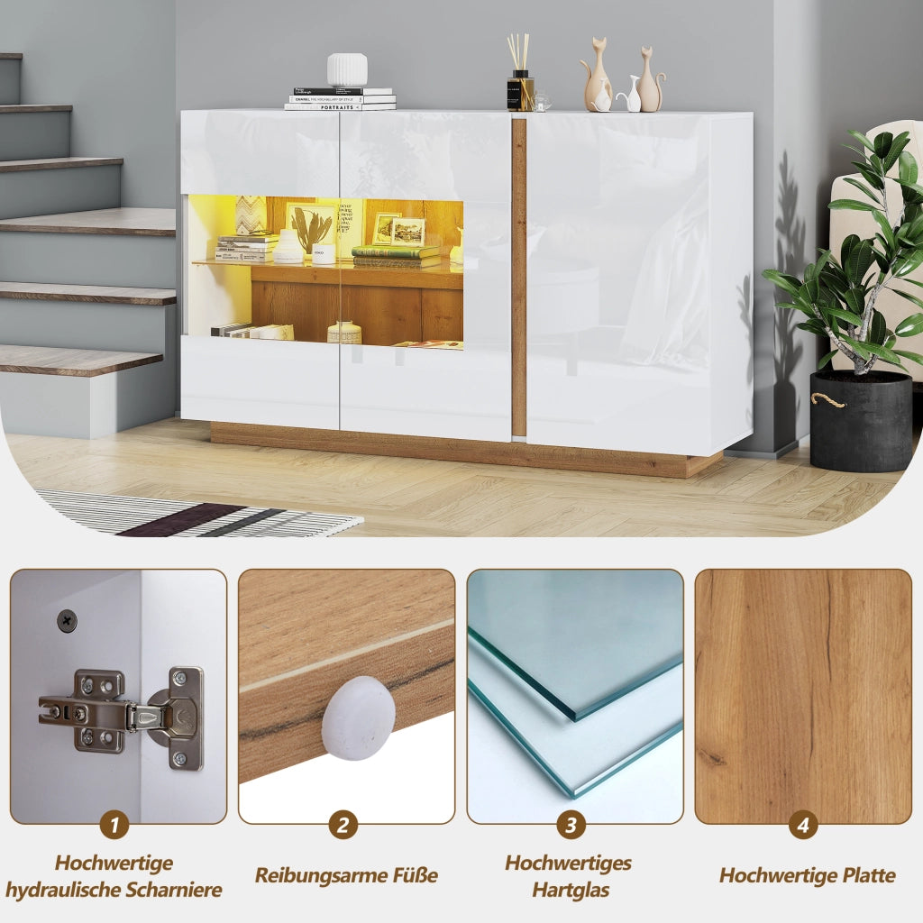 Credenza con 3 ante; illuminazione LED e inserti in vetro - 138x38.5x90.5 cm - bianco